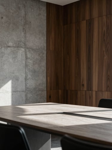 Architectural close-up of a modern law office meeting room, concrete and dark wood textures, sharp natural side-lighting casting deep shadows on a clean table.