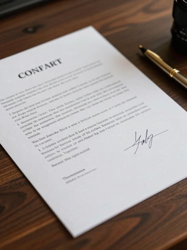 Close-up of a signed contract on a dark wooden table, warm side-lighting highlighting the paper texture and a gold pen next to it.