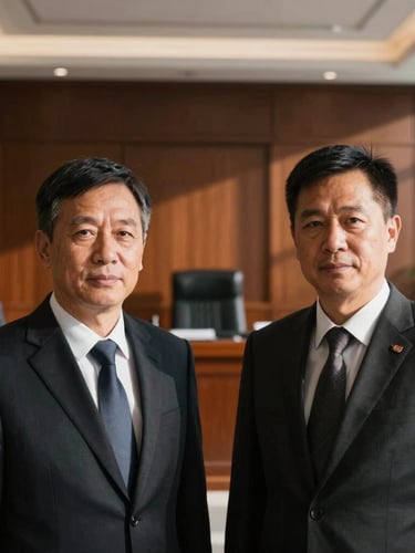 Sharp, authentic portrait of two defense partners looking directly at the camera with calm confidence, modern legal office background, high-contrast natural side-light, deep rich shadows, editorial style.