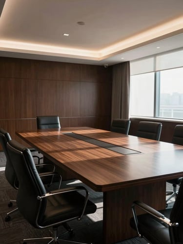 Environmental wide shot of an empty, modern legal meeting room with a dark wood table and natural side-light streaming in from the right, casting deep shadows.