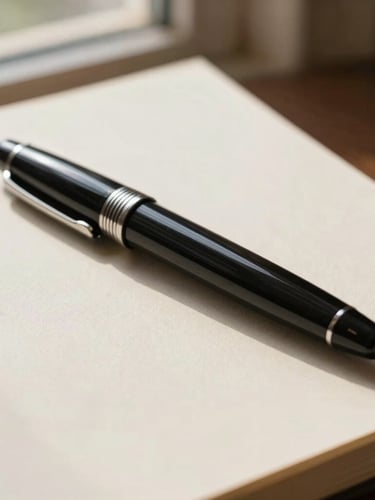A classic black fountain pen resting on heavy, textured cream paper, soft side-lighting from a window, shallow depth of field, refined study setting.