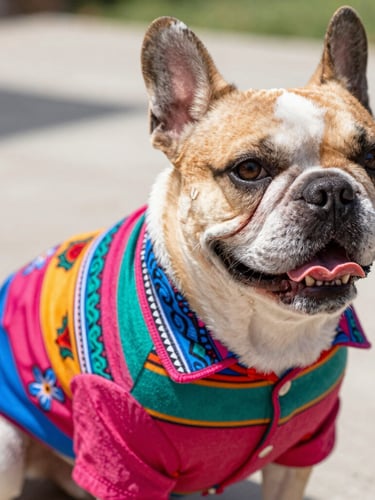 Vibrant pet photography, eye-level shot of a happy French bulldog wearing a custom colorful Mexican-patterned shirt, bright natural daylight, shallow depth of field, 35mm lens.