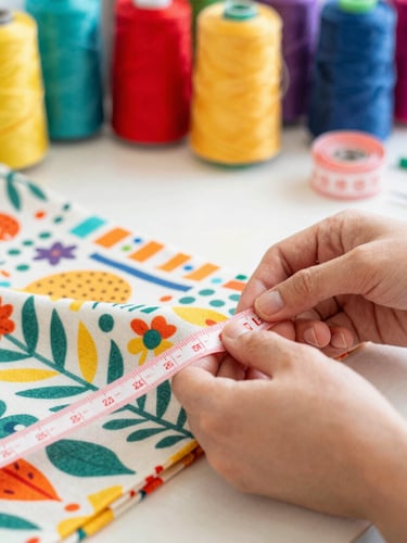 Close-up of artisan hands measuring a colorful patterned fabric with a soft tape measure in a bright, warm sewing workshop, vibrant sewing threads in background