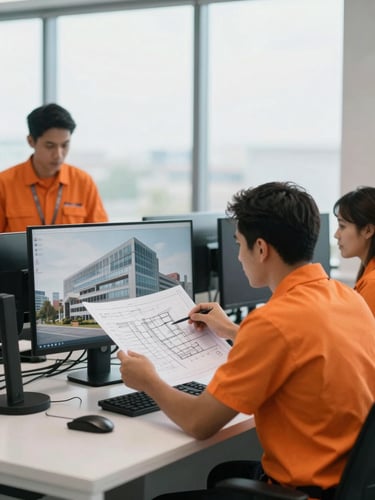 Modern, clean office environment at VisionServe Associates LLC, a professional team member in high-visibility gear reviewing blueprints on a large monitor, crisp architectural photography, bright overcast daylight, cool desaturated tones with orange accents, sharp focus, 35mm