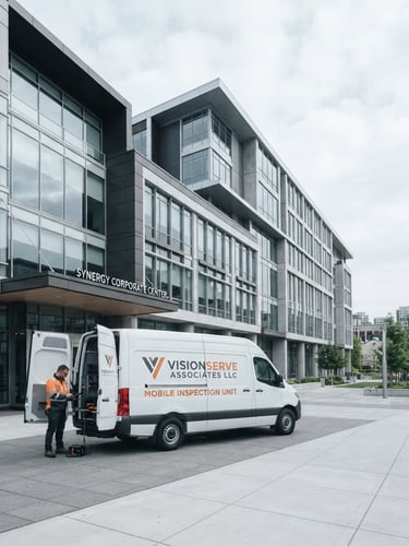 Wide shot of a modern commercial building facade, crisp architectural lines, bright overcast daylight, a VisionServe Associates LLC branded mobile inspection unit parked in front, technician in high-visibility gear visible near the vehicle, cool desaturated tones with orange accents, sharp focus, 35mm