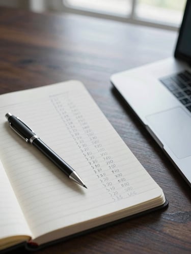 Close-up of a financial planning desk from above — a notepad with handwritten figures, a mechanical pencil resting on the page, and a laptop edge visible at the right, lit by cool north-facing window light filtering across the surface