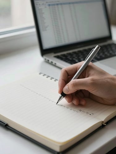 Close-up of a hand writing precise figures on a lined notepad beside a open laptop showing a spreadsheet, cool north-facing daylight from a window to the left, a mechanical pencil resting on the page, monochromatic gray and silver tones, no people visible beyond the hand