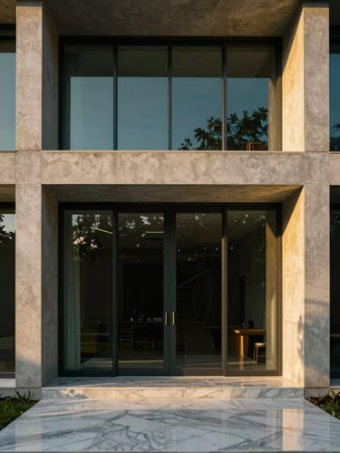 Symmetrical architectural close-up of a modern concrete and glass mansion facade at golden hour, warm sunlight reflecting on premium marble floors, 35mm photography