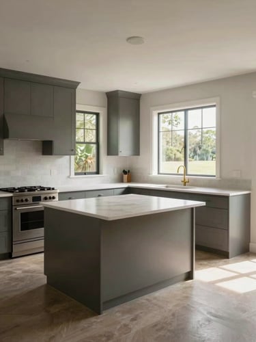 Wide environmental shot of a completed residential kitchen addition in natural north-facing daylight — full-width view of the finished room showing cabinetry, countertop transitions, and window framing; clean, unmanipulated, no staging or people