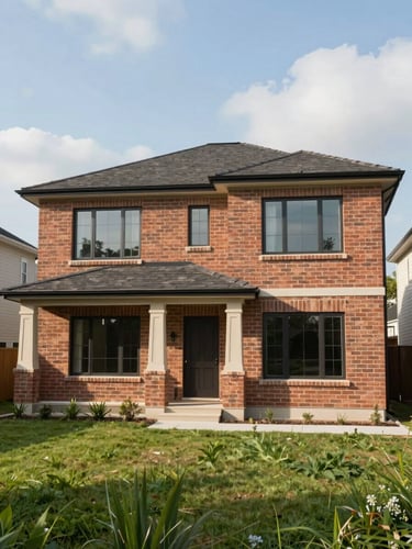 Wide environmental shot of a completed two-storey residential addition exterior, natural daylight, full facade visible from front yard, clean brick and trim transitions, no people, no staging