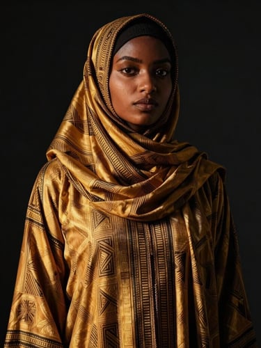 Cinematic portrait of a model in museum-grade Somali Alindi apparel, high-contrast chiaroscuro lighting, deep obsidian background, warm golden-hour glow highlighting geometric fabric patterns.