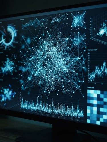 Macro close-up of a live analytics dashboard on a high-resolution screen, displaying complex data visualizations with cool blue screen glow, deep shadows, sharp focus, moody editorial photography, 35mm film grain.