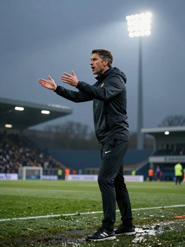 Cinematic medium shot of a professional football manager gesturing intensely on a floodlit touchline, dark overcast background, premium editorial sports photography style.