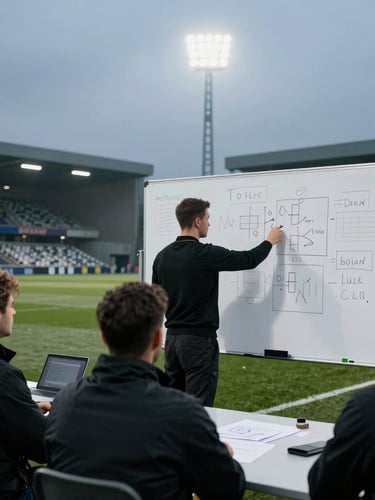 Cinematic high-contrast shot of an intense tactical whiteboard meeting in a modern football club facility, moody overcast light, sharp focus, 35mm editorial style