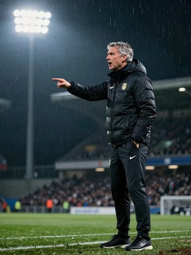Cinematic medium shot of an elite football manager shouting instructions on the touchline, dramatic stadium floodlights cutting through light rain, moody cool tones, high-contrast, 35mm editorial style.