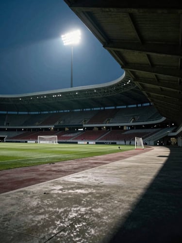 Dramatic stadium tunnel view, low angle, high contrast floodlights casting long shadows on concrete, 35mm cinematic sports photography.