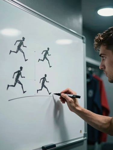 Close-up of a tactical whiteboard in a dimly lit dressing room, dry-erase marker lines showing player runs, intense focus, dramatic shadows, cool tones.