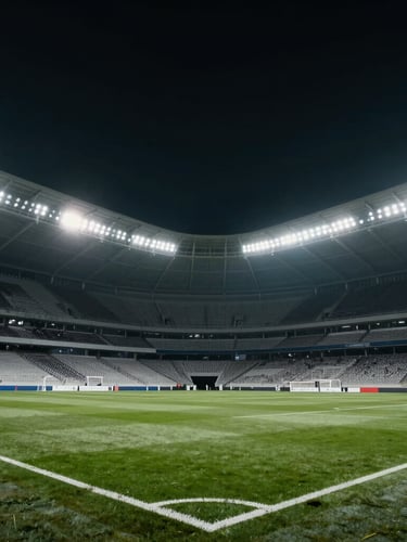 Cinematic wide shot of an empty modern football stadium under dramatic floodlights, cool high-contrast tones, 35mm editorial style