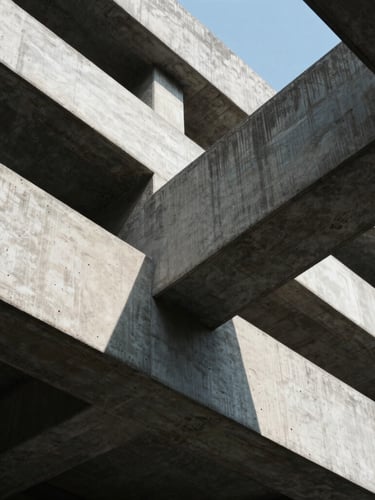 Tight abstract architectural crop of concrete and steel beams intersecting under natural high-contrast daylight, casting deep clean shadows.