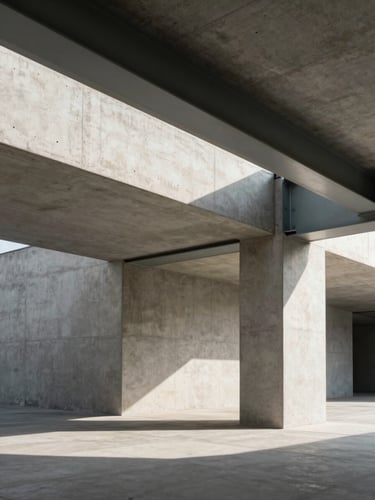 Wide architectural detail of clean concrete lines and steel beams under sharp daylight, strong shadows, editorial composition.