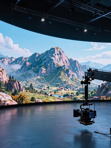 Wide panoramic view of a state-of-the-art virtual production stage, massive curved LED screen displaying a highly detailed 3D mountain landscape, cool blue ambient studio lighting, high-tech camera rig on a crane in the foreground, crisp focus.