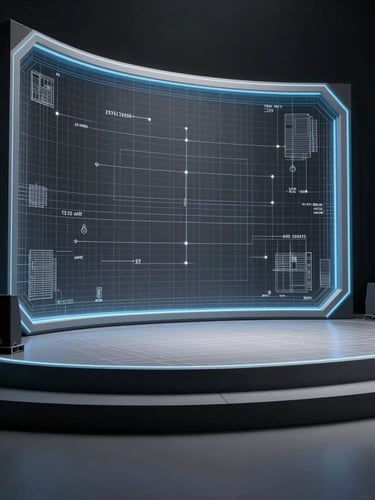 A high-fidelity 3D wireframe render of a virtual stage environment, cool diffused digital lighting with subtle blue rim accents, technical blueprint style.