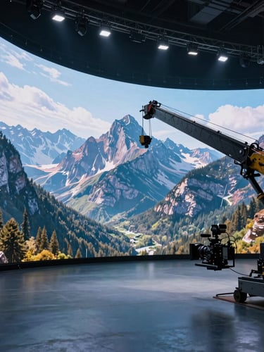 Wide angle of a virtual production set, massive curved LED wall displaying a photorealistic mountain range, camera rig on a crane in the foreground, cool blue studio lighting.
