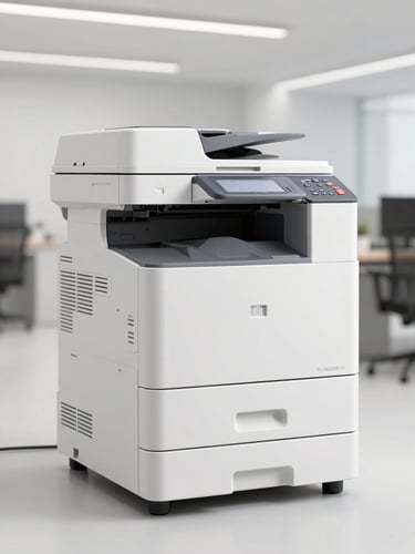 Clean product photography of a high-capacity industrial office copier, bright neutral office lighting, sharp focus, professional B2B tech aesthetic, 35mm lens, three-quarter perspective