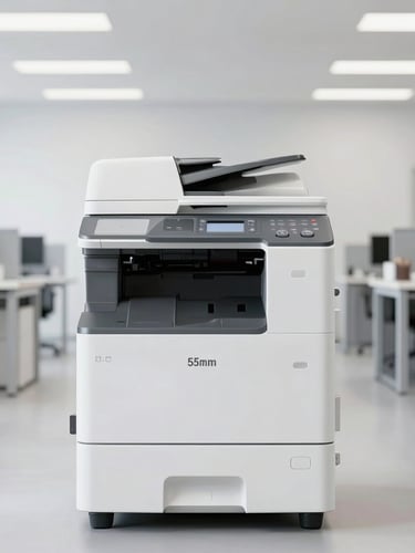 Professional high-volume industrial multifunction copier machine in a bright, modern corporate office, sharp product photography, clean white and grey tones, 35mm lens