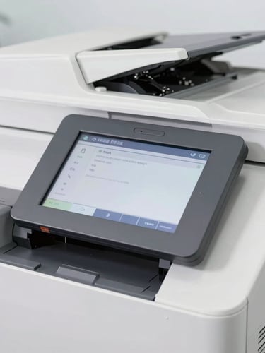 Close-up high-resolution product photography of an industrial multifunction copier touchscreen panel, bright office lighting, sharp focus, professional B2B tech aesthetic