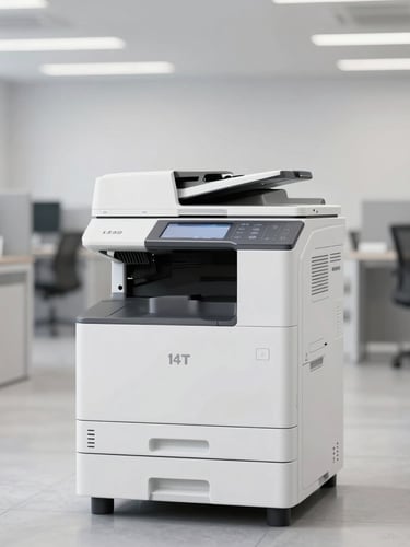 Wide-angle clean product photography of a large-format office copier in a bright, modern corporate showroom, neutral white and grey tones, sharp focus, professional B2B tech aesthetic, 35mm lens