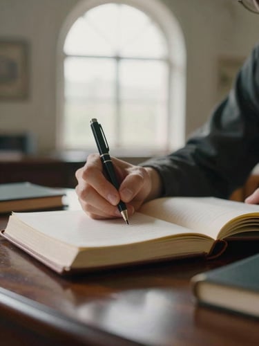A close-up of hands writing in a leather-bound academic journal on a dark oak desk, soft morning light from a high arched window, scholarly atmosphere, 35mm