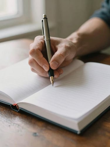 A close-up of hands writing with a fountain pen in a structured academic journal on a dark oak table, soft natural window light, warm editorial style.