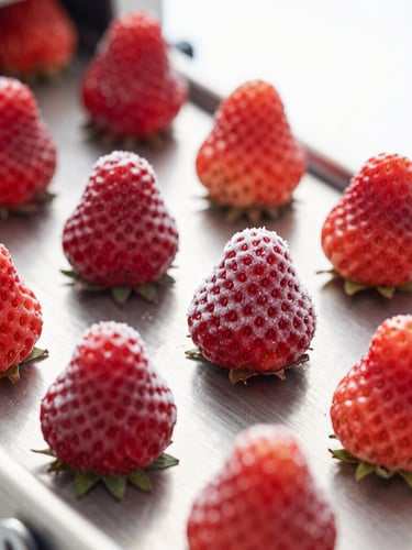 Sharp macro shot of individually quick frozen strawberry halves on a stainless steel conveyor belt, delicate frost crystals visible on the vibrant red fruit, bright high-key industrial lighting