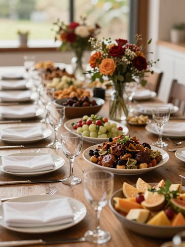 Warm editorial photography of an abundant, artfully styled buffet table under soft natural daylight, elegant table settings, shallow depth of field