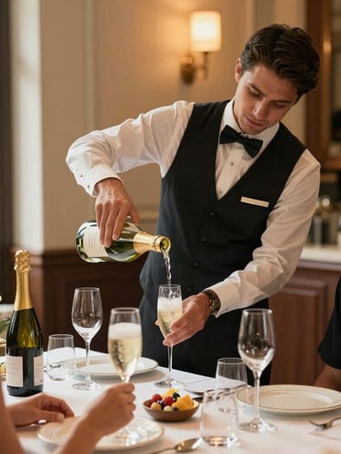 A professional server in a sharp uniform elegantly pouring champagne for a guest at a high-end private dinner, warm ambient lighting, editorial style.