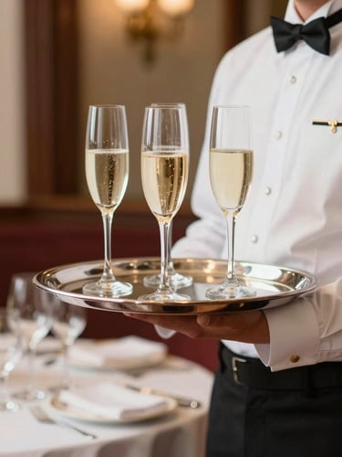 Elegant server in a crisp uniform holding a silver tray with champagne flutes, warm editorial lighting, soft focus background