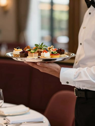 Elegant professional server in a crisp uniform holding a silver tray with plated appetizers, soft warm lighting, modern event setting, shallow depth of field.