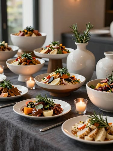 A wide environmental shot of a luxurious, modern buffet table abundant with diverse multi-cultural dishes, styled with elegant ceramic vessels, fresh rosemary sprigs, and warm candlelight on a dark linen surface.