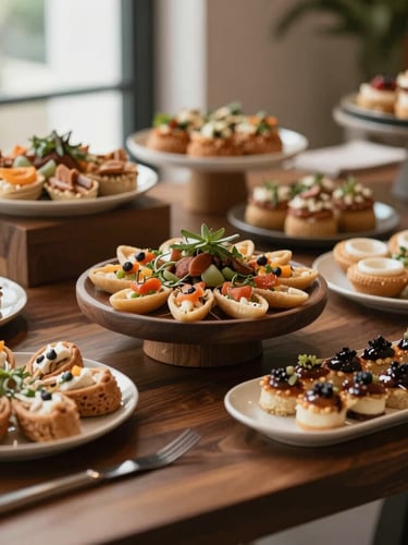 Warm editorial food photography of a beautifully styled modern buffet table, rich deep tones, soft natural daylight, elegant table settings, shallow depth of field.