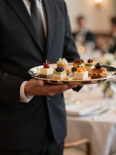 A professional server in a crisp, dark modern uniform holding a silver tray with elegant, minimalist hors d'oeuvres, soft warm event lighting, shallow depth of field.