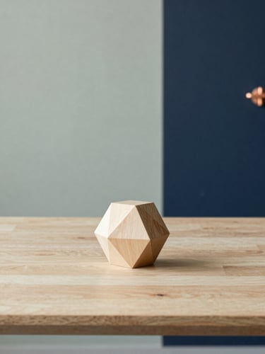 A bright, clean modern workspace with a geometric wooden model on a light oak table, soft shadows, warm copper accents, minimalist editorial photography.