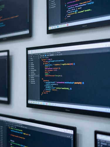 Close-up of clean code on high-resolution screens in soft daylight, cool slate blue tones, architectural focus, 35mm