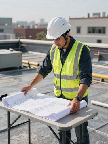 Medium shot of Luis Mizhirumbay in a hard hat and work vest reviewing a large blueprint spread across a folding table on an active commercial rooftop, controlled daylight from the left, shadow-defined professional lighting, industrial roofing equipment visible in background