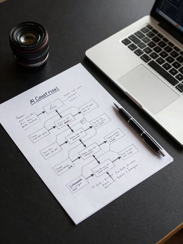 Overhead flat-lay on a dark desk: a printed AI workflow diagram with handwritten annotations beside a laptop showing a data dashboard, a steel pen resting on the document edge — sharp controlled studio lighting, high contrast, no people visible