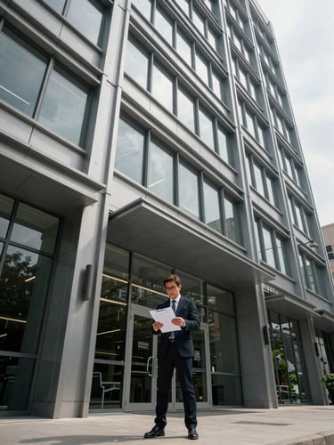 Wide-angle medium shot of a multi-story commercial building exterior, Luis standing at the building entrance reviewing documents on a clipboard, controlled overcast daylight casting clean shadow definition, steel and glass facade visible behind him, strong architectural lines framing the composition