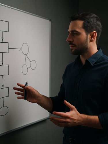 Medium shot from the side: Luis standing at a conference room whiteboard covered in workflow diagrams, marker in hand, gesturing toward a node cluster — controlled studio-grade lighting, deep shadows on the right wall, no visible audience faces, architectural interior background
