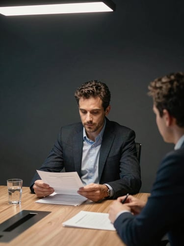 Medium shot of Luis Mizhirumbay seated at a conference table in a professional office, reviewing documents with a client across from him, controlled overhead studio lighting, shadow-defined composition, dark background, no smiling