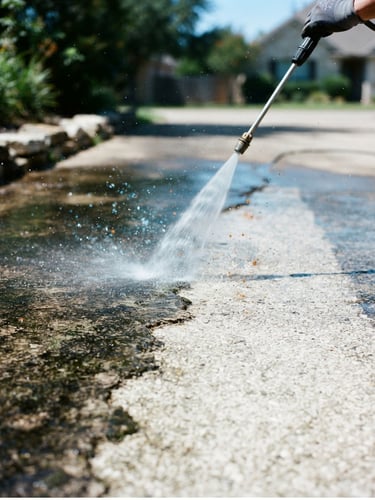 Close-up of a high-pressure water stream cleaning a grimy concrete driveway, revealing a clean path beneath, sharp commercial photography, bright Texas daylight, high contrast, saturated blue and orange tones, crisp details, 35mm