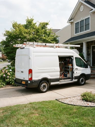 A clean HVAC service truck parked on a suburban driveway in New Rochelle, natural daylight, crisp documentary photography, 35mm lens
